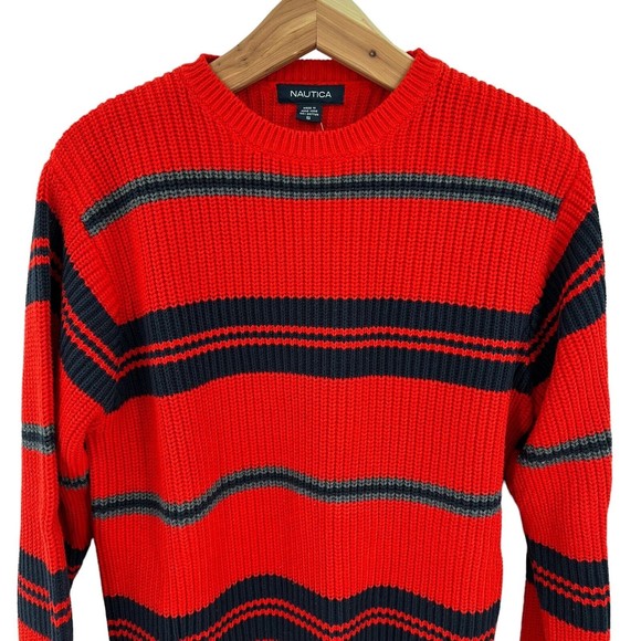 Nautical Sweater Small Men's Pullover Crew Neck Knit Ribbed Long Sleeve Red Blue - Picture 4 of 6